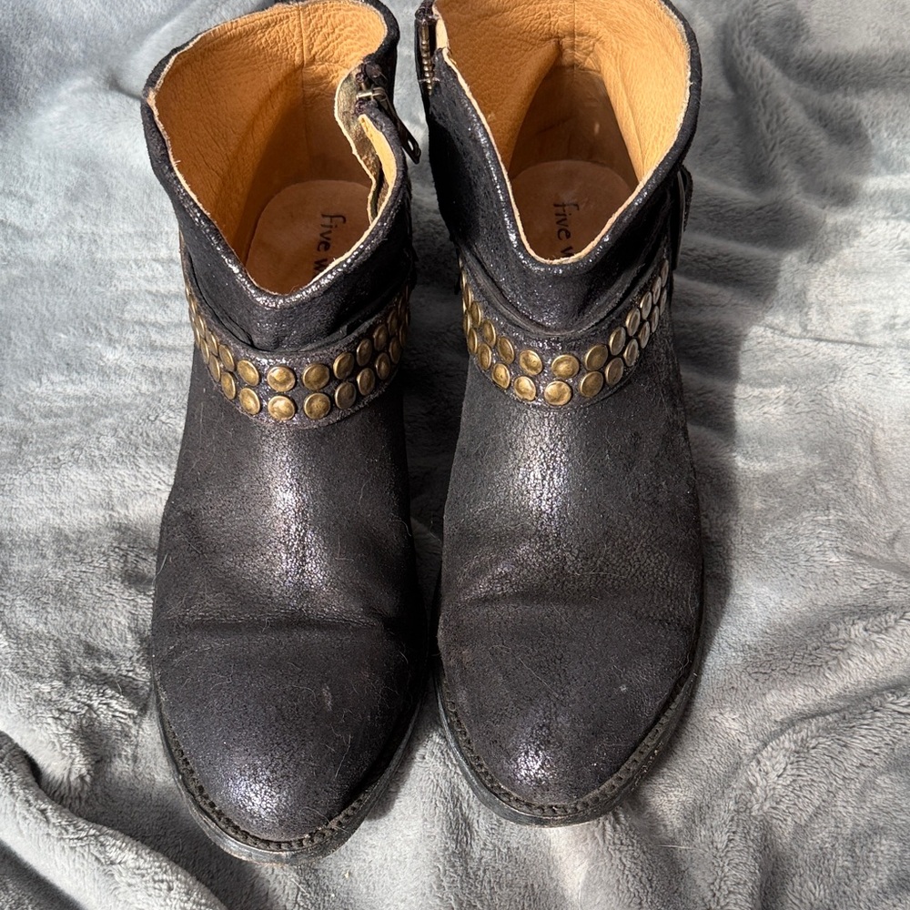 Five Black Ankle Boots with Brass Studs size 10